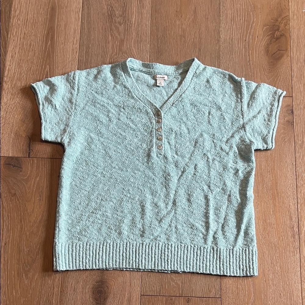 L.L. Bean Aqua Henley Sweater 100% cotton short sleeve size medium casual top
